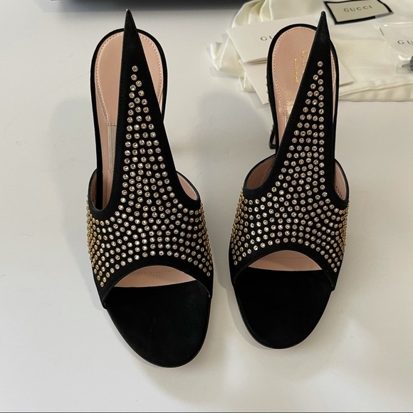 GUCCI Exaggerated point Crystal Suede Mules Black 37 7 glam era Renaissance - Picture 13 of 17